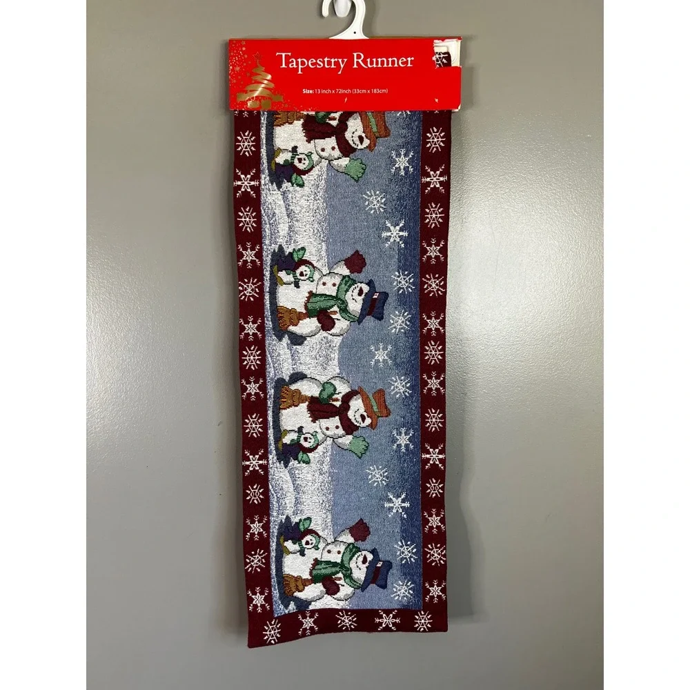 PP Home Collection Snowman Tapestry Table Runner 13x72 Burgundy Blue Christmas